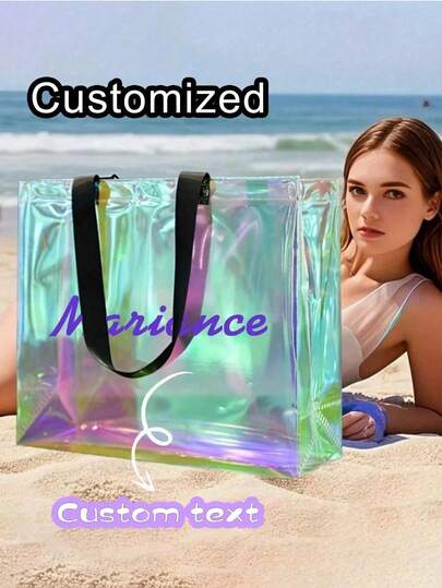 Personalized Transparent Travel Bag, Customized Beach Tote Bag, Large Transparent Colorful Beach Bag, Women's Handbag, Waterproof And Sand-Proof Beach Bag, Transparent Laser Print Tote Bag, Dreamlike Theme, PVC Material, Suitable For Swimming, Beach, Travel, Sports Training, Daily Use, Wedding, Birthday, Swimming Pool, Cruise, Yacht And Other Occasions, Birthday Gift, Party Gift, Beach Accessory Tote Bag, Beach Tote Bag, Personalized Gift For Women