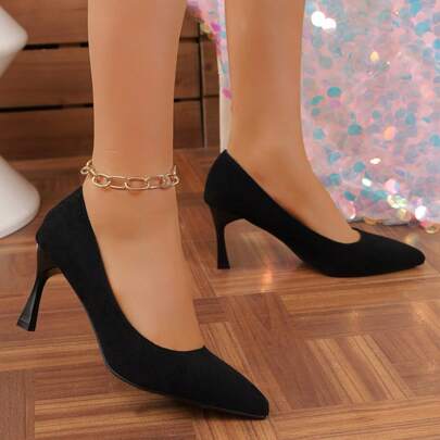 Women's Suede Pointed Toe High Heel Pumps, Black Color, Suitable For Work, Formal Occasions, Parties