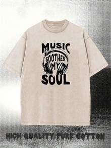 Music Soothes My Soul Headphones Local Shipping Women's Plus Size Vintage Washed 100% Cotton Graphic T-Shirt Crew Neck Short Sleeve Loose Casual Streetwear Tops Stylish Daily Vacation Home Party Outfit Ideal - 杏色 - 查看 4