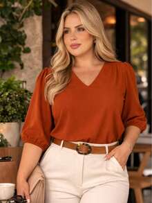 Elegant Women's Blouse With 3/4 Sleeves And Elastic Waistband | Lightweight And Comfortable Fabric | Plus Sizes GG To G3 - Đất nung - Xem 2