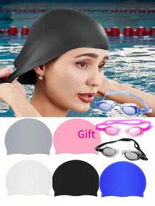 2026 Bestselling Silicone Swimming Cap With Goggles, Adult Solid Color Silicone Swim Cap, Waterproof Anti-Slip Comfortable Elastic, Suitable For Short & Long Hair, Applicable For Indoor/Outdoor Pool And Beach Swimming - Solid Color - View 2