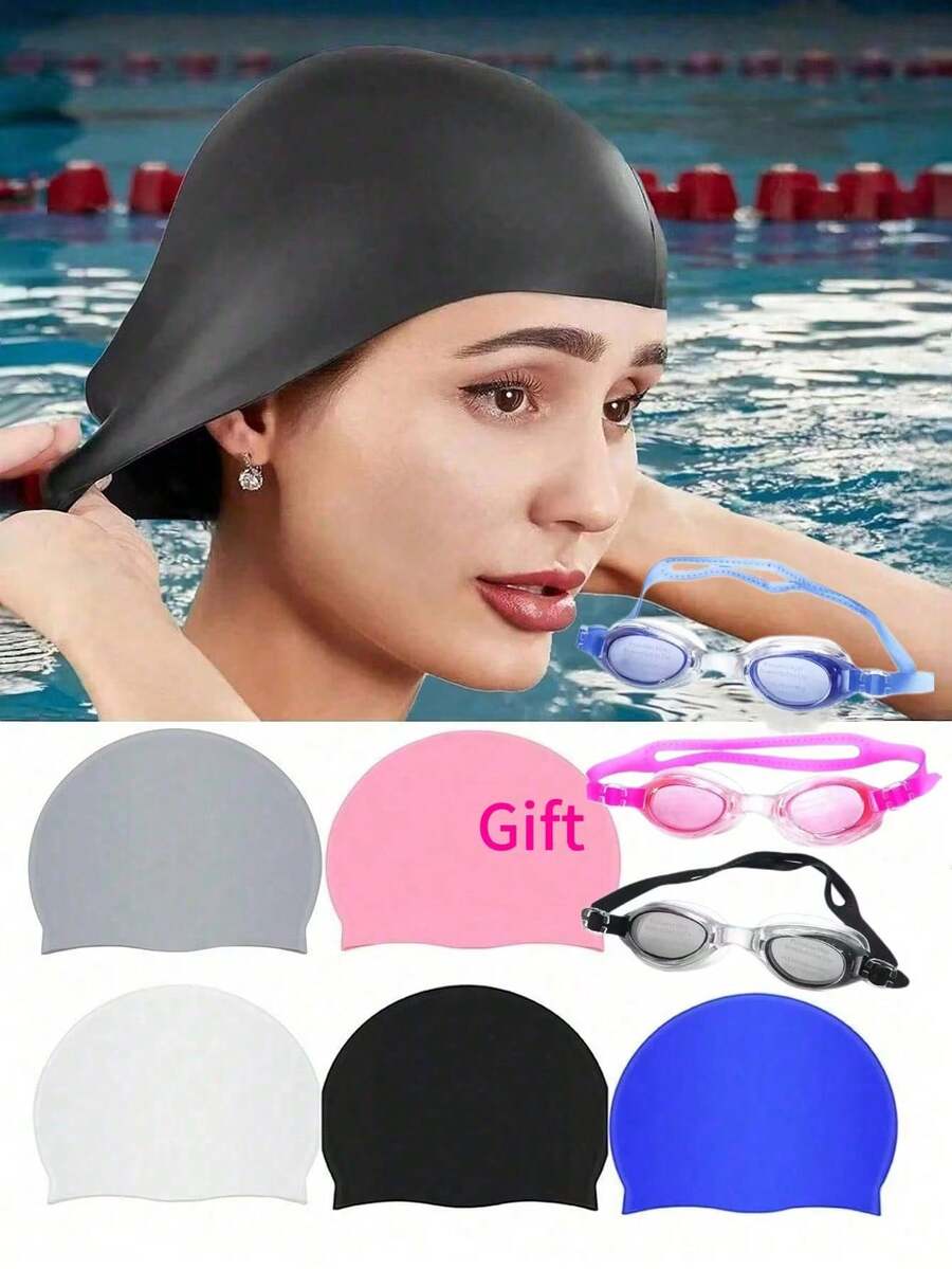 2026 Bestselling Silicone Swimming Cap With Goggles, Adult Solid Color Silicone Swim Cap, Waterproof Anti-Slip Comfortable Elastic, Suitable For Short & Long Hair, Applicable For Indoor/Outdoor Pool And Beach Swimming
