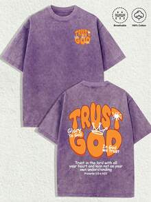 Plus-Size Christian Graphic T-Shirts For Men – "TRUST GOD", Colorful Graphic T-Shirts, Washed Vintage T-Shirts, Oversized Men's T-Shirts, 230g 100% Cotton, Unisex Tops, Summer Tops Plus Size, Summer Men's Street Style T-Shirts, Christian T-Shirts. - Màu tím  Violet - Xem 4