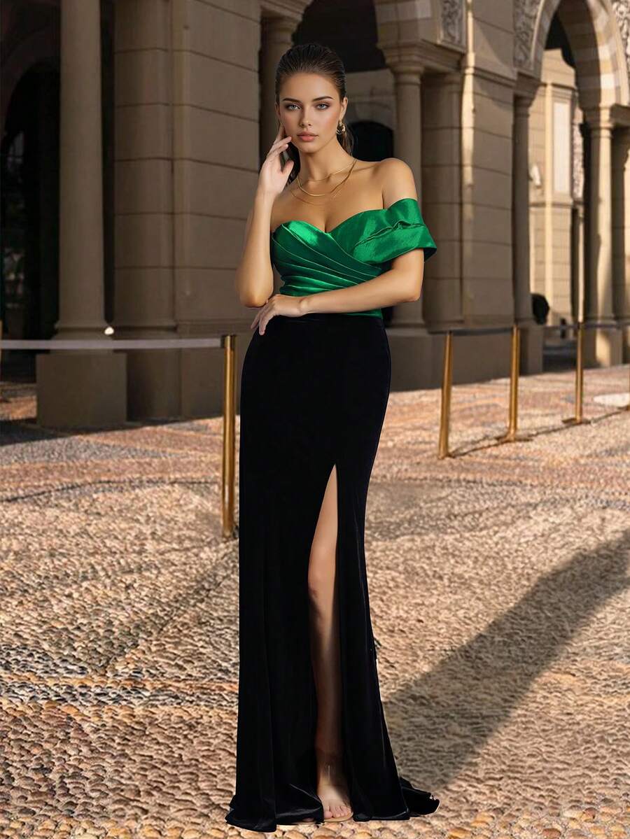 VIPGIRL Colorblock Off-Shoulder Maxi Elegant Party Dress For Women - Black - View 1