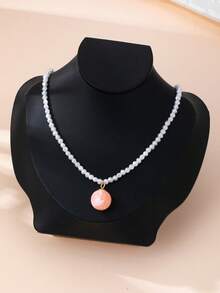 1pc Fashionable Bohemian Style Pearl & Pink Bead Pendant Necklace - Multicolor - View 2