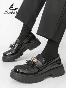 Salkin 新款时尚男士流苏乐福鞋，优雅绅士社交鞋，亮面漆皮，柔软舒适，适合休闲、商务、派对、婚礼、毕业典礼、送礼，春夏秋季皆宜。尺码偏小，建议选购大一码。 - 黑色 - 查看 11