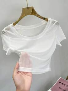 Áo lót dáng ngắn, áo blouse ren mỏng ôm sát, áo thun ngắn tay lưới cho nữ mặc thường ngày - trắng - Xem 8