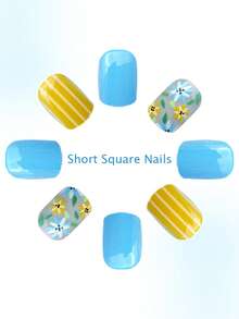 24-Piece Set Of Light Blue And Yellow Floral Striped Nail Stickers, Short Square-Shaped Fresh Fake Nails, Fresh Spring Style, Combining Pure Light Blue Nail Pieces, Yellow Striped Nail Pieces And Nude Base With Exquisite Floral Patterns. Short Fake Nails, Nail Decoration, Acrylic Nails, Suitable For Spring Outings, Daily Commutes, Parties, Dates And Other Occasions! - Multicolor - View 4