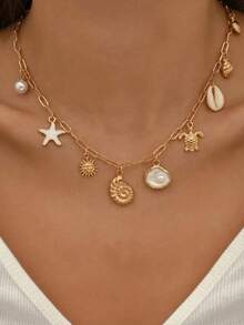 1pc Ocean Style Starfish, Turtle, Seashell Pendant Necklace, Suitable For Women's Summer Beach Vacation Wear, Gift - Multicolor - View 1