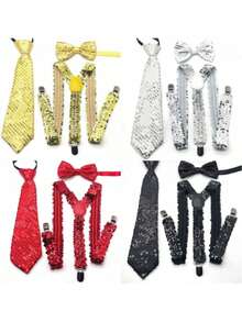 1SET Men's Sequin Bow Tie, Tie, And Suspenders Three Pieces Set, Apparel Accessories Combination Set - Multicolor - View 1