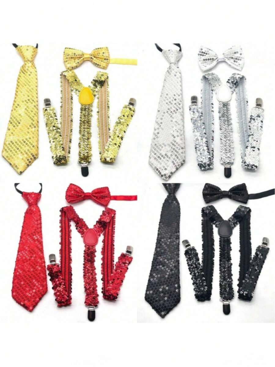 1SET Men's Sequin Bow Tie, Tie, And Suspenders Three Pieces Set, Apparel Accessories Combination Set - Multicolor - View 1