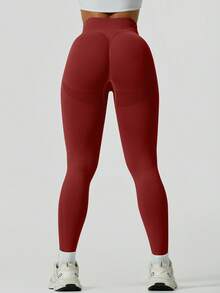 NcmRyu 1pc Women's Seamless Ribbed Elastic Slimming Sports Leggings - Merah - View 6