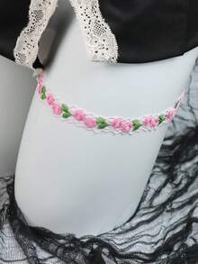 1件/2件装甜美粉色玫瑰刺绣大腿吊袜带 - 蕾丝网格弹力腿带，适合夏季连衣裙搭配 - 粉色 - 查看 6