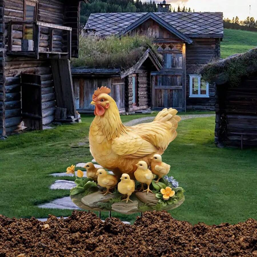 1pc Cute Hen & Chicks Yard Stake, 2D Flat Yellow Chicken Family Garden Decor, Waterproof Farm Animal Lawn Ornament, Suitable For Spring Patio, Balcony & Flower Bed, Ideal Gift For Bird Lovers - A - View 1