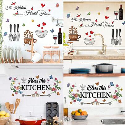 1 pièce Sticker mural de cuisine, citation "La cuisine est le cœur de la maison", avec des motifs de papillon et de couverts. Matériau vinyle amovible, résistant à l'eau et à l'huile. Convient pour les dosseret de zone de repas, sticker mural décoratif DIY pour la maison