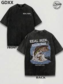 Men's Plus-Size Christian Pattern T-Shirt, Outdoor Fishing Pattern T-Shirt, Bible T-Shirt, Jesus Clothes, Vintage T-Shirts, Oversized Men's T-Shirts, 230g 100% Cotton, Retro Realistic Style T-Shirt, Jesus Shirts, Men's Summer Outdoor T-Shirt, Unisex T-Shirt. - 黑色 - 查看 4