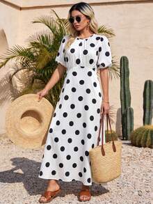 1 chiếc đầm ngắn tay chấm bi kiểu dáng thanh lịch, thoải mái, chất liệu vải dệt, có khóa kéo, dành cho nữ, thích hợp mặc đi biển, nghỉ mát hoặc mặc hàng ngày. - trắng - Xem 2