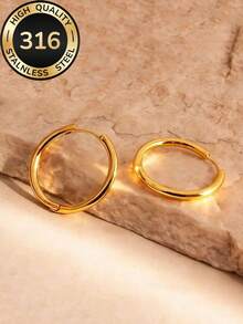 Khuyên tai vòng dày bằng thép không gỉ 316 mạ vàng 18K | Trang sức tối giản, không gây dị ứng và chống nước dành cho nữ | Khuyên tai đeo nhiều lớp, thích hợp đi biển. - vòng - Xem 8