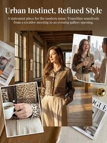 Women's Leopard Print Patchwork Button Front Long Sleeve Shirt Chic Casual Blouse Vacation Spring - Leopard Print - View 8