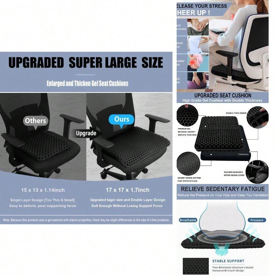 Gel Seat Cushion For Long Sitting Pressure Relief (Extra Large Thick) - Non-Slip Gel Chair Cushion For Back, Sciatica, Tailbone Pain Relief - Seat Cushion For Office Desk Chair, Car Seat, Wheelchair Office Chair - Black + Thick Large - View 1
