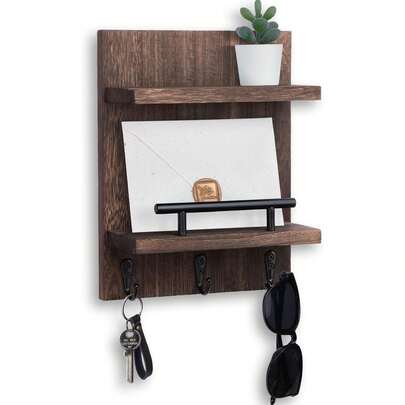 Key Holder Wall Mount, Mail Shelf Decor With 3 Key Hooks, Versatile Wood Wall Organizer For Entryway Hallway