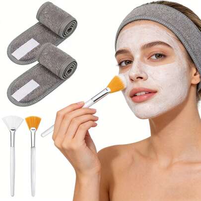 4pcs Adjustable Women's SPA Headband, Comes With 4pcs Fan-Shaped Face Mask Brush, Suitable For Washing Face, Makeup, Bathing And Exercise, Featuring Convenient Design For Secure Wear