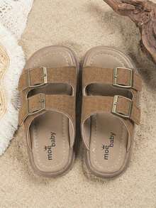 EUR26-37Kids Two-Buckle Tan Suede Slide Sandals, Thick-Soled Vintage Summer Slippers For Play & Outings - Brown - View 1