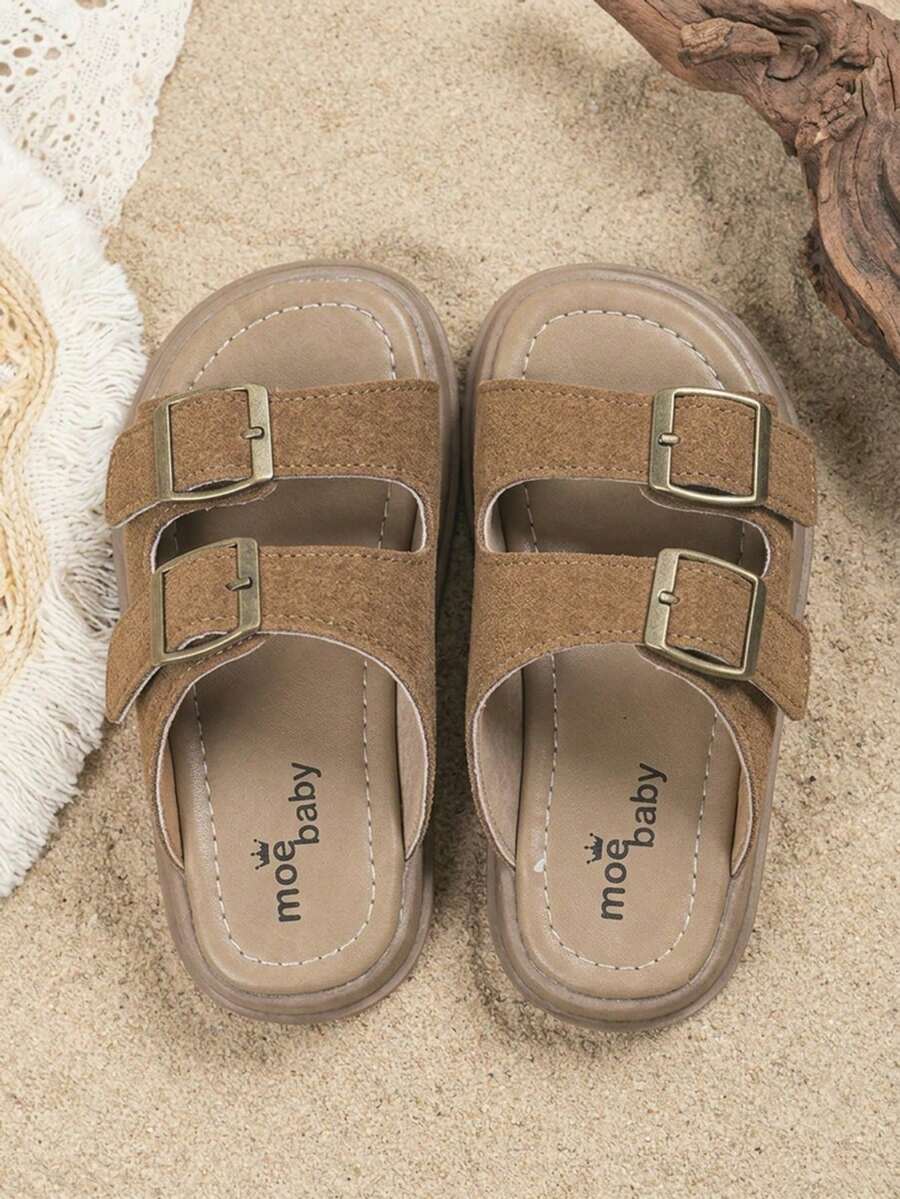 EUR26-37Kids Two-Buckle Tan Suede Slide Sandals, Thick-Soled Vintage Summer Slippers For Play & Outings - Brown - View 1