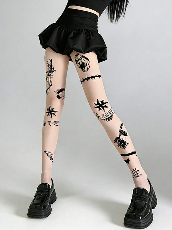 1双女士春夏酷炫虎剑纹身印花超薄透明连裤袜，裸色透明丝滑连裤袜，哥特朋克风丝袜，适合日常和派对穿着