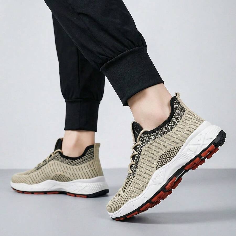 Tenis de hombre en oferta Tenis para hombre deportivos casuales de malla tejida transpirable primavera verano Zapatos para hombre cómodos con cordones suela antideslizante amortiguación suave calzado deportivo ligero moda urbana estilo para caminar gimnasio entrenamiento diario fitness running cómodos y versátiles - Caqui - Ver 1