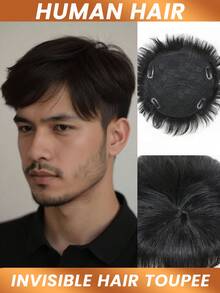 Men's Hairpiece Black False Cover Breathable Hair Net Base Clips-On Wig 16*18cm Human Hair Effectively Cover Thinning Hair Male Wig - Natural Black - View 3
