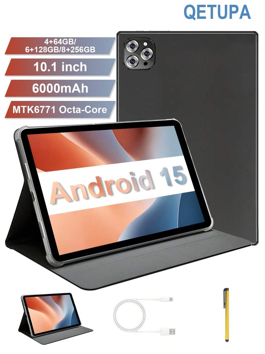 Qetupa M9-4 安卓 15 10.1 英寸平板电脑，配备保护套和手写笔，搭载 MTK 6771 八核 2.0GHz 处理器，提供三种存储配置：4GB RAM + 64GB ROM / 6GB RAM + 128GB ROM / 8GB RAM + 256GB ROM（支持最高 1TB SD 卡扩展），配备 1280x800 高清 IPS 触控屏、5MP+13MP 双摄像头、6000mAh 大容量电池、Type-C 接口、802.11ax Wi-Fi 6 和 GPS。
