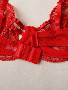Conjunto de lencería de malla transparente bordada sexy para mujer, sujetador con aros y liguero de 3 piezas - Rojo - Ver 3