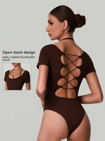 女士圆领短袖健身瑜伽运动连体衣芭蕾舞露背交叉吊带运动训练紧身衣舞蹈服成人款