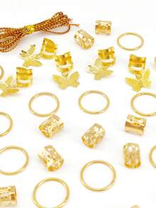 36pcs Golden Butterflies Ring Hair Cuffs Contain 1 Rope - Adjustable Boho Style Hair Jewelry For Dreadlocks & Braids - Gold - View 2