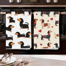 2pcs Dachshund Print Kitchen Towels, 100% Polyester Kitchen Cleaning Cloths, Suitable For Restaurant, Kitchen And Home Decor; Quick-Drying, Lightweight, Fade-Resistant, Low-Shedding, Anti-Mildew, High Color Fastness, Size 40*60cm - White - View 11