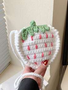 Cute Strawberry Knitted Pouch, Handmade Niche Design Woven Bag, Coin Crossbody Purse, Strawberry - 白色 - 查看 8