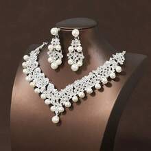 1 Set Bridal Accessories, Classic Elegant Pearl Crown, Luxury Necklace And Earrings 4pcs Jewelry Set, Suitable For Wedding Dress, Gown, Party, Prom - 白色 - 查看 10