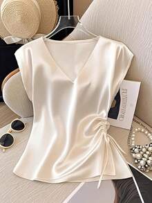 Satin |   Pleated Detail] Satin V-Neck Shirt |   Women's Solid Color With Pleated Detail |   Elegant Drawstring Design For Spring/Summer/Fall - Beige - View 7