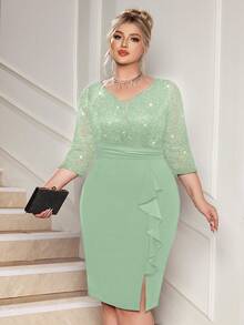 Đầm cocktail dáng đuôi cá cổ chữ V sâu, đính sequin và ren hoa, phối ren, viền bèo nhún, cỡ lớn, phù hợp cho khách dự đám cưới, sinh nhật, lễ tốt nghiệp, dạ hội, lễ hội trường và các dịp khác, thanh lịch mùa hè. - Màu xanh Bạc hà - Xem 1