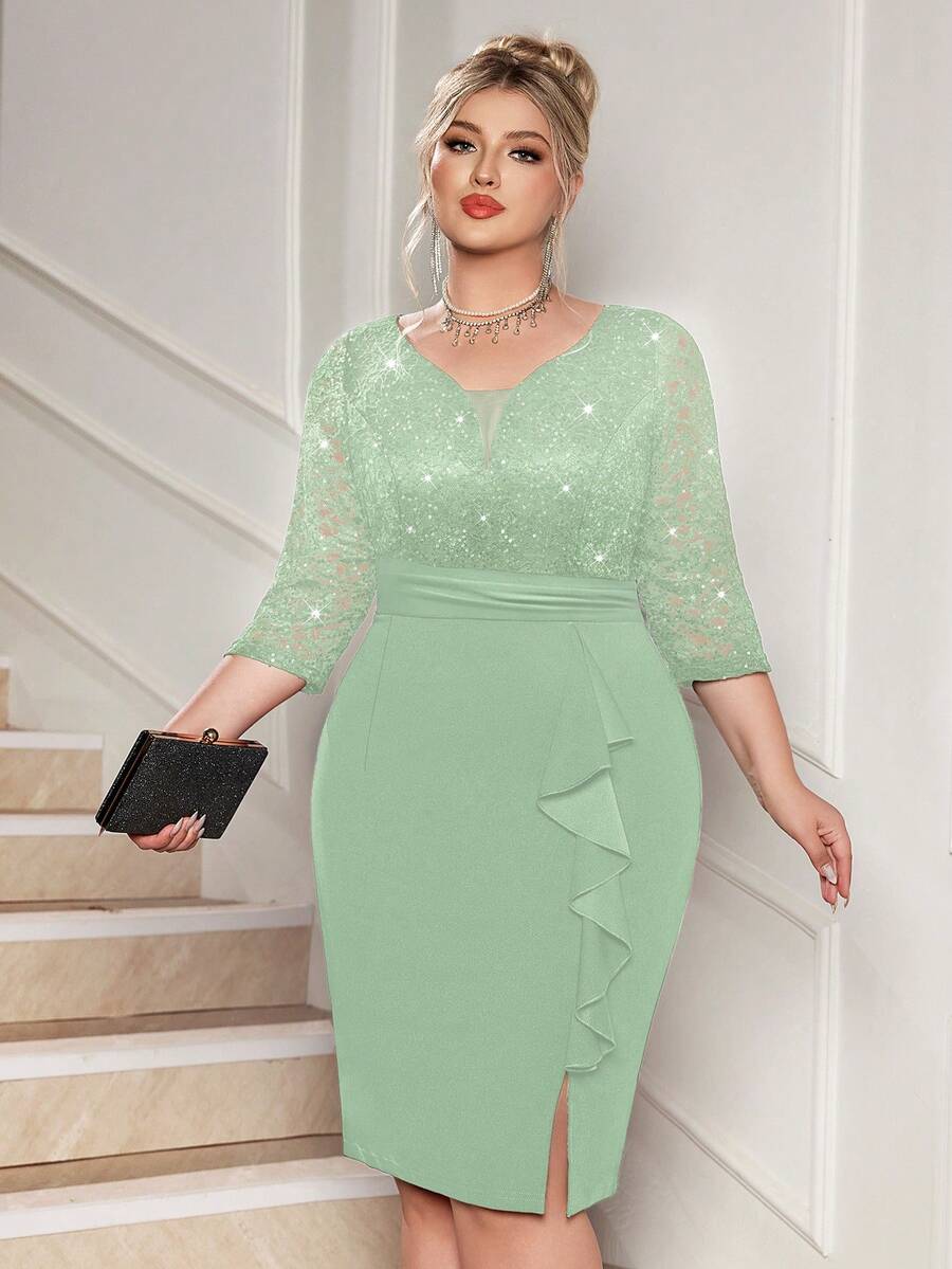 Đầm cocktail dáng đuôi cá cổ chữ V sâu, đính sequin và ren hoa, phối ren, viền bèo nhún, cỡ lớn, phù hợp cho khách dự đám cưới, sinh nhật, lễ tốt nghiệp, dạ hội, lễ hội trường và các dịp khác, thanh lịch mùa hè. - Màu xanh Bạc hà - Xem 1