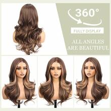 13x4 Lace Front Wavy Gradient Wig, Brown Long Synthetic Hair 24 Inches, Natural Look Heat Resistant Fiber For Women Party Date Everyday - Piano Color - View 3