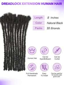 0.4厘米宽真人发脏辫接发，双股扭辫，10股，纯手工制作，易于安装，编织快捷，自然黑色，8-10英寸脏辫接发，男女老少皆宜，可染色、漂白、卷曲。 - Natural Black - 查看 8