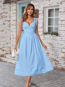 PARTHEA Đầm nữ thanh lịch màu đen, trắng, xanh dương dáng lửng, dây buộc nơ, thiết kế corset thắt eo xếp ly, dáng chữ A xòe nhẹ + túi + khoét lưng, đa năng cho cả đi chơi và dự tiệc. - Màu xanh nhạt - Xem 7