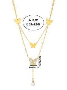 1pc Vintage Elegant Double Layer Gold Butterfly Shell Pendant Necklace, Simple Chic Style(No Gift Box) - Gold - View 3