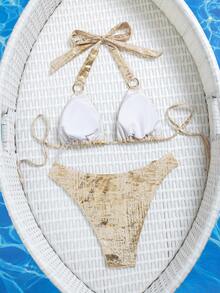 Conjunto de bikini triangular con estampado dorado metálico para mujer, traje de baño de dos piezas con detalle de anillo en el cuello de halter para playa y vacaciones - Champán - Ver 4