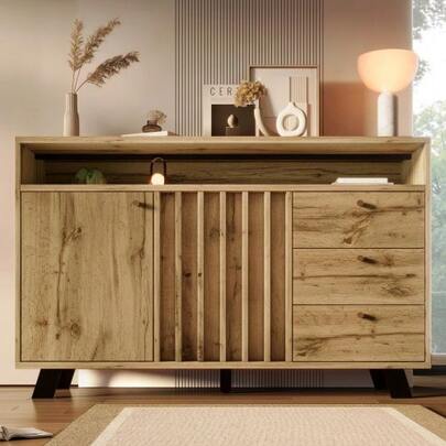 Sideboard Kommode Mit 3 Schubladen And 2 Türen Stauraumschrank Mit Offenem Fach Und Lamellenfront Im Vintage Stil Für Wohnzimmer Esszimmer Flur Und Eingangsbereich In Dunkler Eiche 120B X 40T X 85H Cm
