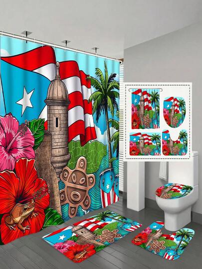 1/4 件套创意波多黎各独立日浴帘套装，包含 12 个挂钩、防滑浴室垫、U 型马桶垫、马桶座套、浴室装饰和浴室浴帘套装