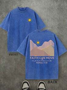 Faith Can Move Mountain Unisex Washed Christian Shirt, Christian Scripture T-Shirt, Vintage Retro Washed Shirt Double Sided Printed (230 Heavyweight Pure Cotton T-Shirt) High Quality Christian T-Shirt, Christian Gifts, Men's And Women's Shirts, Comfortable, Fashion Christian Shirt, Street Style Pure Cotton Fall Shirtwinter Clothes For Women - 寶藍色 - 查看 14