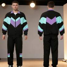 2pcs Set (Top + Pants) 80s Disco Sports Jacket And Pants, Retro Jogging Suit, 80s Theme Party - Black - View 3